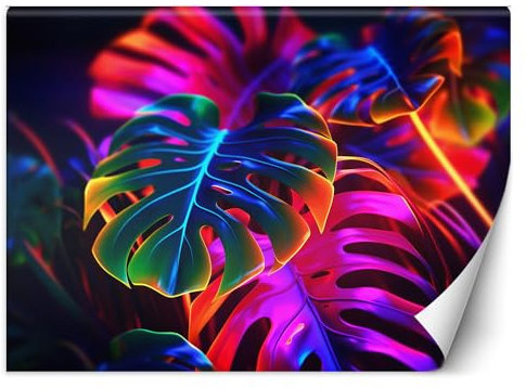 Feeby - Vinyl Fototapete - AI Neon Tropische Blätter 350x245 cm, Wandtapete 3D, Moderne Wanddeko Schlafzimmer, Wohnzimmer, Büro, Moderne Tapeten mit Luxury und Natura Monstera motiv - XXL mehrfarbig