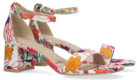 shoes&blues.es 80532-Sandalia de Tacon para Mujer, Comoda, con Pala Fina, y Cierre Ankle Strap de Hebilla, Estampado Multicolor.. Talla 39 Blanco