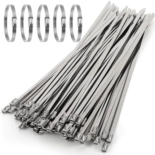 LCOUACEO Collier de Serrage Inox 50 Pièces 500×7,9mm, Attache Câblées Inox, Serre Cable Acier, Collier de Serrage Métallique pour Enroulement D'échappement, Câbles Groupés, Entretenir les Clôtures