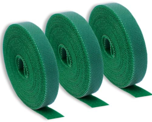 Pack of 3 2.5m x 1cm Hook and Loop Tie Tape - Green Gardening Ties, Plant Support, Reusable Self Adhesve Tie Straps for Cable Organisation, 7.5m Total