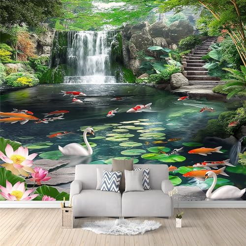Plants Trees and Animals Wall Mural - 300 x 210 cm 3D Natural Landscape Waterfall and Pond Photo Wallpaper for Boys' Bedroom, Living Room, Playroom, Nursery, Teen Room, Kids' Photo Mural Wall Art