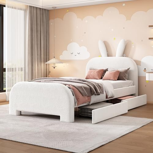 Polsterbett 90x200, Cartoon Kaninchenform Plüsch Einzelbett mit 2 Schubladen und Lattenrost, Kinderbett Jugendbett Gästebett Gepolstertes Bett Stauraumbett Rückenlehne Bettgestell, ohne Matratze,Weiß