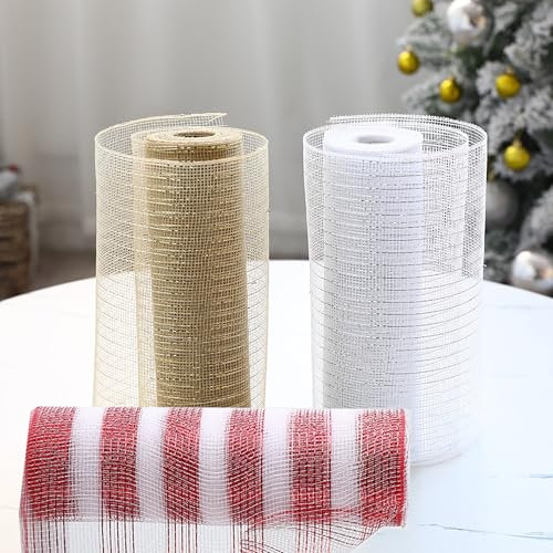 LadjproR 3 rotoli di nastro natalizio in poliestere, per albero di Natale (26 cm x 10 iardi), nastro in rete con glitter per Natale e ghirlande, decorazione
