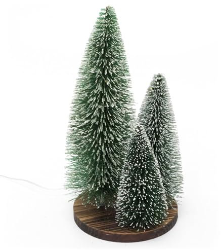 Carousel Home LED Bottle Brush Christmas Trees on Wooden Base | Light-up Festive Snow-flocked Bottle Brush Trees | LED Snowy Green Christmas Trees