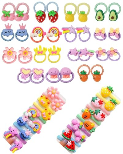 TPZORJX 50 pcs Bunte Haargummis Mädchen,zopfgummis mädchen,Elastische Zopfgummis Baby Haargummi, Kinder Haargummis Mit Blumen, Haargummi Mit Fruchtmotiven, Pferdeschwanz Haargummi Set