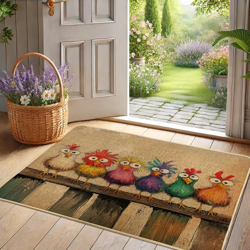 Fußmatte mit bunten Hühnern, helles Vogel-Design, Außen- und Innenbereich, lustige Frühlingsstimmung, Gummi, wasserdicht, rutschfest, staubabsorbierend, leicht zu reinigen, 73,2 x 43,2 cm