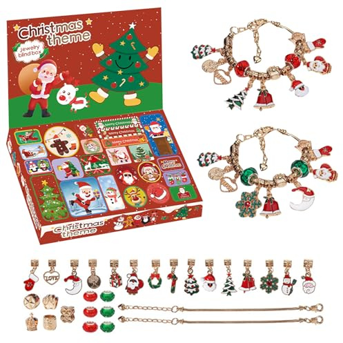 Vartegas Adventskalender 2024 Schmuck Set 24 Tage DIY Weihnachtsarmband Countdown Kalender Mit 15 Anhängern 2 Armbändern Für Kinder Ab 6 Jahren
