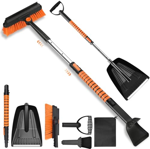 Yiomxhi 4 in 1 Eiskratzer Auto mit Besen, Schneeschaufel und Abzieher, Teleskop Ergonomischer Schneebesen schonender Scheibenkratzer Schneekratzer Schneeschieber für Auto, LKW, SUV, Orange