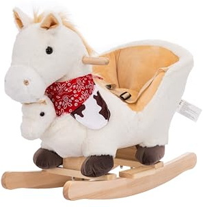 NINODOVAE Kids Rocking Horse horse, Animal Wooden Rocker for kid 12-36 months, with hand puppet for play (White)