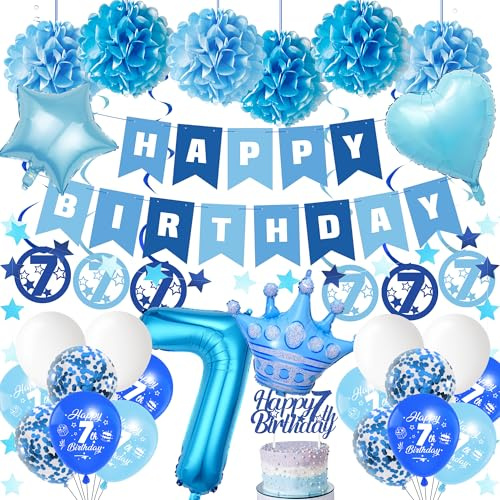 Geburtstagsdeko 7 Jahre Junge Luftballon - 35 StüCk Blau Geburtstagsdeko | Happy Birthday Banner Riesen Folienballon Zahl Girlande Tortendeko Papier Pompons Deko für 7. Jungen Party Dekorationen