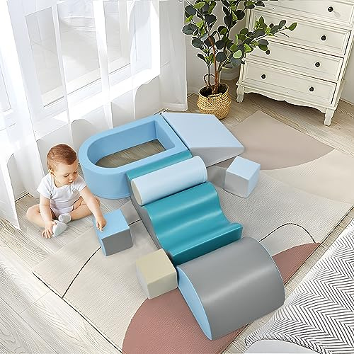 Lot de 9 blocs de construction en mousse avec piscine à balles et toboggan - Cadre d'escalade d'intérieur avec piscine à balles, cubes de motricité imperméables et blocs souples à partir de 1 an