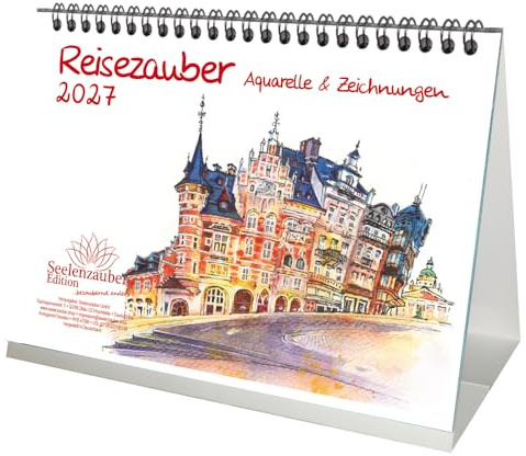Reisezauber Aquarelle DIN A5 Tischkalender für 2027 Ferne Länder und Urlaubsträume - Seelenzauber
