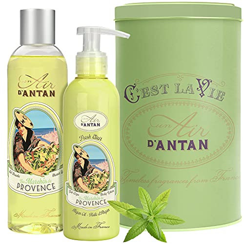Französisches Geschenkset Für Frauen/Duft: Provence Eisenkraut, Bergamotte/ 1 Bio-Eisenkraut-Duschgel 250ml + 1 Bodylotion Frauen 200ml/ schöne Metallbox/Un Air d'Antan®/ Badezusatz Frauen