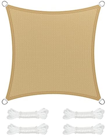 SONGMICS Vela de Sombra de 5 x 5 m, Tejido HDPE de Protección Solar, Transpirable, Permeable al Agua, Terraza, Jardín, Balcón, Camping, Cuadrada, Cóncava, Cuerdas de 2 m, Amarillo Arena GSS55EYV1