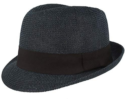 Breiter Chapeau de Paille Trilby Chapeau de Soleil d'été - avec Ruban Gros Grain - 100% Papier - Pliable Léger Souple Doux pour la Peau et Confortable - Bleu - X-Large