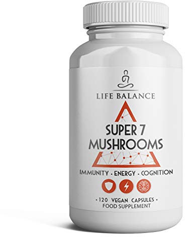 Super 7 Mushrooms - 120 Capsules - 7 Mushroom Complex with Lion's Mane, Cordyceps, Chaga, Reishi, Shiitake, Reishi & Oyster Mushroom Extracts - Vegan - UK Made - No Additives - GMP - Pullulan