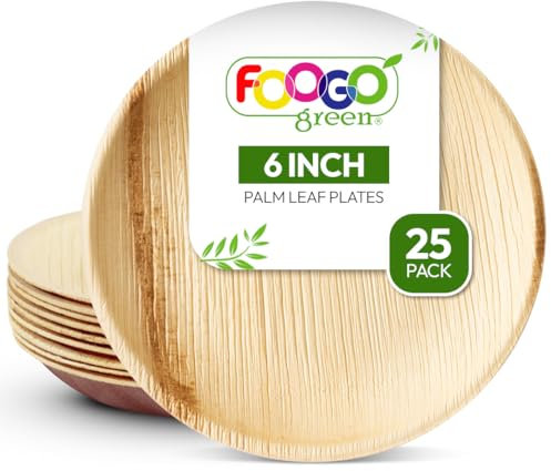 FOOGO Green 25pcs Assiettes Jetables Feuille de Palmier, 15cm Petites Rondes, Écologique Biodégradable Compostable Comme Assiettes Bois, Bambou, Papier, Plats Chauds, Mariage, Pique-Nique, Fête