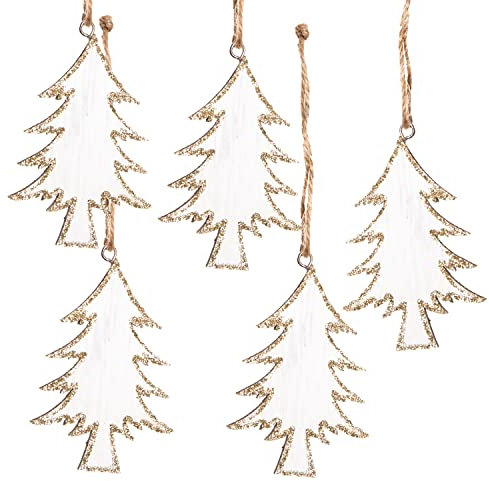 Logbuch-Verlag 5 Weihnachtsanhänger Baum Holz weiß Gold Geschenkanhänger 8 cm Christbaumschmuck Weihnachtsdeko Baum Weihnachten