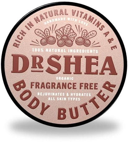Organic Fragrance-Free Body Butter 200 ml - Dr Shea Moisturizing Cream - 100% Vegan-Friendly ideal for Dry/Sensitive Skin.