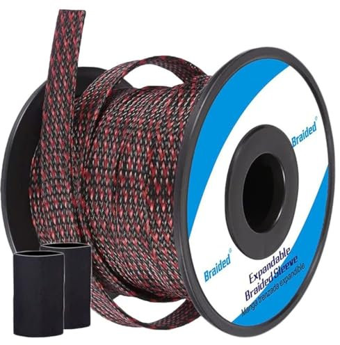 Braided PET Expandable Wire Loom 100ft - 1/8 Inch, Braided Wire Sleeving Mesh Cable Management with 2 Heat Shrinkable Tubes, Braided Cable Sleeve for Home Office Cord Protector,Black&Red