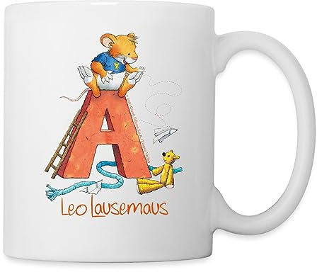Spreadshirt Leo Lausemaus Kindergarten Alphabet Tasse, One size, Weiß