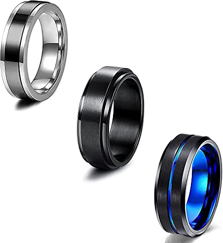 LOLIAS 3PCS Men's Rings Stainless Steel Rings for Men Twisted Chain Ring Spinner Ring Beer Bottle Opener Rings Spinner Chain Link Shaped Band Rotatable Vintage Mens Black Ring