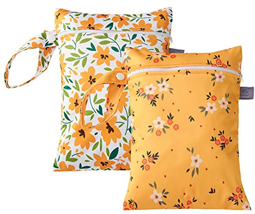 Happy Cherry 2er Pack Nasstaschen Klein Windelbeutel Waschbar Wet Bag Set für Stoffwindeln Stoffdruck Wickeltasche Unterwegs Kindergarten Baby Gelb Blume