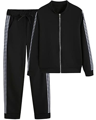 amropi Traingsanzug Damen Jogginganzug Kariert Pullover Lange Ärmel Top + Hose Sportanzug 2 Stück (Schwarz,XXL)