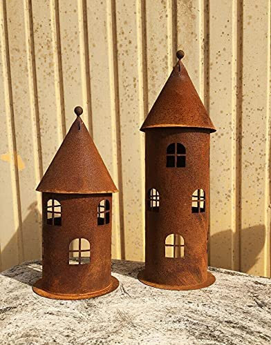 Turm 42cm / 58cm hoch Windlicht Teelicht Vogelhaus Futterstation Edelrost Metall + Original Pflegeanleitung von Steinfigurenwelt (42 cm klein)