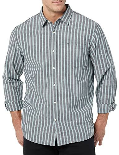 Amazon Essentials Men's Long-Sleeved Regular-Fit Stretch Poplin Shirt, Navy Stripes, XS