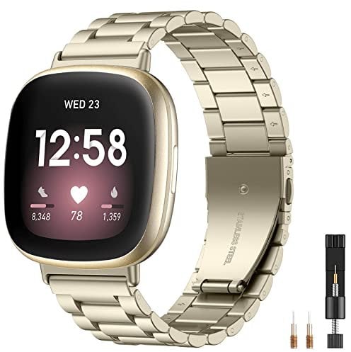 CeMiKa Armband für Fitbit Versa 3/Sense - Verstellbares Edelstahl Metall Ersatzarmband mit Doppelfaltschließe, Herren Damen, Vintage Gold