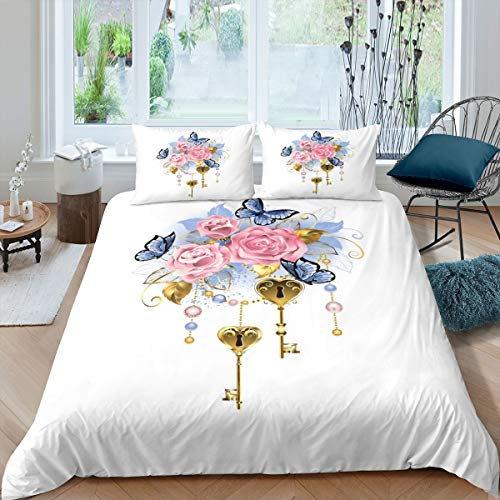 Homemissing Blue Butterflies Comforter Cover Pink Roses Golden Leaves Bedding Set Retro Gold Keys Duvet Cover for Kids Boys Girls Old Fashion Microfiber Bedspread Cover Single Size