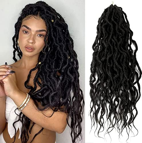 SOKU 6 Paquets New Goddess Locs Faux Locs Wavy Crochet Hair 26 Pouces Avec des extrémités lâches et ondulées Extensions de tresses synthétiques pré-bouclées Long Noir Naturel Dreadlocks
