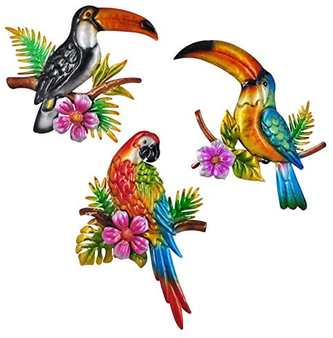 Tuokiuhn Metall Vogel Wanddekoration Tukan Aras Dekoration Vogel Wandkunst Tropische Wandkunst Geeignet für Außenzaun Terrasse Wanddekorationen 3er Set