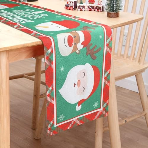 Surflyee Weihnachten Tischläufer, Grüner Cartoon Schneemann Leinen Tischdecke für Weihnachten Urlaub Winter Zuhause Tischdeko (35 x 180 cm)