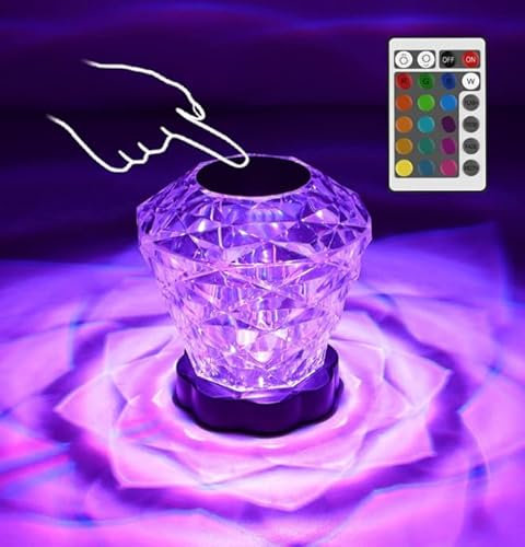 Lámpara de Mesa de Cristal LED, 16 Colores Lámpara Cristal de Colores Mesa Lámpara de Cristal Rosa con Control Táctil Lámpara de Mesa LED de Diamante, Recargable por USB, para Dormitorio Sala de Estar