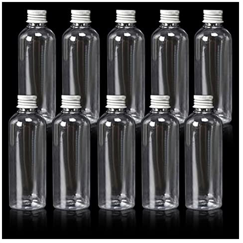 Kitnish Plastic Bottles 100ml with Silver Screw Caps, Reusable Bottles with Funnel, Parties & Wedding Favours (10PCS)