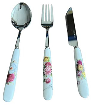 ECHE HOME SET DI POSATE IN CERAMICA 18 PZ PER 6 PERSONE CUCCHIAIO FORCHETTA COLTELLO 3 FANTASIE ELEGANTE DISEGNI FLOREALI (Bianco)