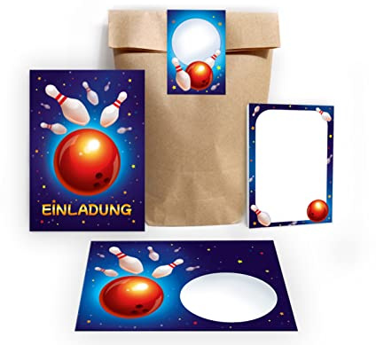 Junapack 12 Einladungskarten zum Kindergeburtstag Bowling Bowling-Party Einladungen für Geburtstag Mädchen Jungen incl. 12 Umschläge, 12 Tüten/natur, 12 Aufkleber, 12 Blöcke