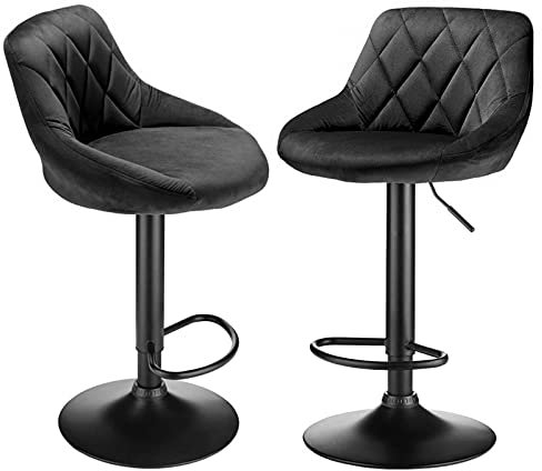 BUTUN Barhocker Samt 2er Set, Höhenverstellbare Barstühle, 360° Drehstuhl, Küchenstühle mit Rückenlehne und Fußstütze, Esstisch Stuhl-Geeignet für Lobby, Tresen. (Schwarz/2pcs)