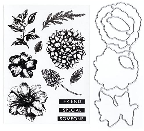DzIxY Friend Word Hydrangea Clear Stamps and Metal Cutting Dies Sets for Card Making Scrapbooking Paper Supplies Seals Storage Pockets