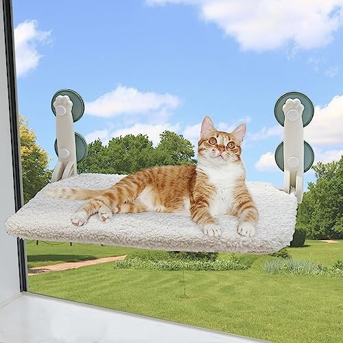 MEWOOFUN Katzen Hängematte Fenster 54x30cm katzenbett Fenster Wendbare Matte - Katzen Fensterliege mit Aktualisierung stark Saugnäpfe bis zu 18kg (Beige, M)