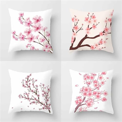 Kissenbezug 4er Set Rosa Pfirsichblüte Two face weich Quadratischer Dekokissen Kissenhülle für Wohnzimmer Sofa Bett Kopfkissenbezug Throw Kissenbezüge mit Verstecktem Reißverschluss 35x35cm NK-599