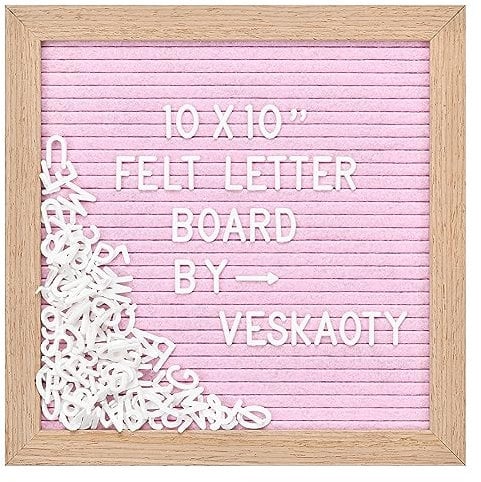 Filz-Buchstabenbrett mit 294 Buchstaben, Zahlen und Symbolen, 25,4 x 25,4 cm, austauschbares Nachrichtenbrett mit Holzrahmen, Wandhalterung, Rosa und Holz