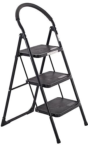 Raburg Tritt-Leiter Tom, 3 Stufen in SCHWARZ, klappbar, 73 cm hoch, Komfort-Sicherheitshandlauf, bis 150 kg, Stahl, TÜV/GS geprüft, 6,8 kg, Universal-Leiter für Alltag, Haushalt & Arbeiten im Haus