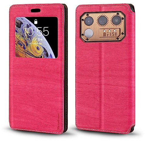 PU Leder Flip Hülle mit Unsichtbarem Magnet und Sichtfenster Kompatibel mit IIIF150 Raptor, Smarte Klapphülle mit Displaysicht (Rosenrot)