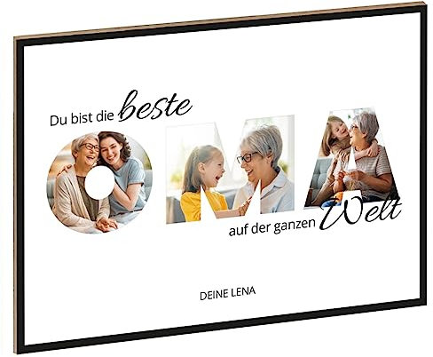 GRAVURZEILE Holzschild mit Foto - Familie Design - Personalisiert mit Namen und eigenen Fotos - Personalisiertes Foto Geschenk zum selbst gestalten für Sie & Ihn - DIN A4 Format - Farbe: Oma
