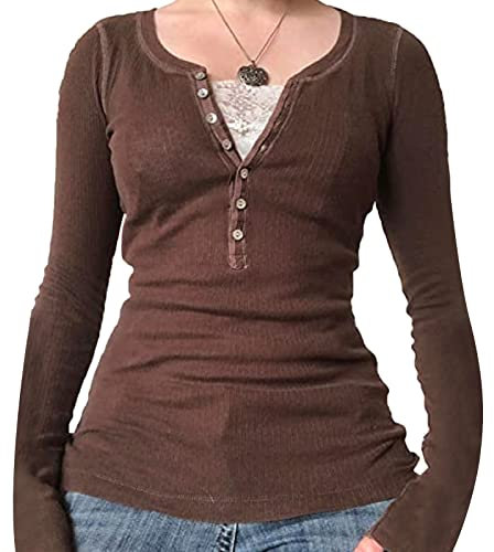 Women Y2k Fairy Grunge Crop Top 2000S Aesthetic Lace Patchwork Long Sleeve Tee Top Vintage Blouse Shirt Streetwear (P-Brown#2, S)