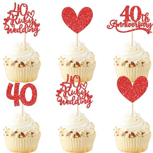 Xsstarmi 24 PACK 40th Anniversary Cupcake Toppers Red Glitter Heart 40 Ruby Wedding Anniversary Cupcake Picks Cheers to 40 Years Cake Decorations for Happy 40th Wedding Anniversary Party Supplies