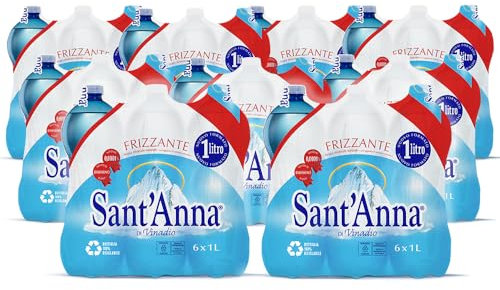 Pack de 54 bouteilles d'eau gazeuse Acqua Sant'Anna 1,0L | Eau minérale pétillantes faiblement minéralisée | Bouteilles en plastique 100% recyclables